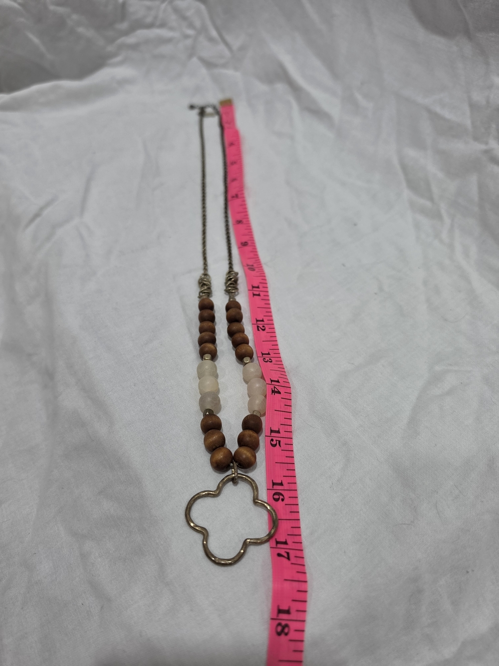 Wood Bead Necklace with Clover Pendant - Brown & Cream